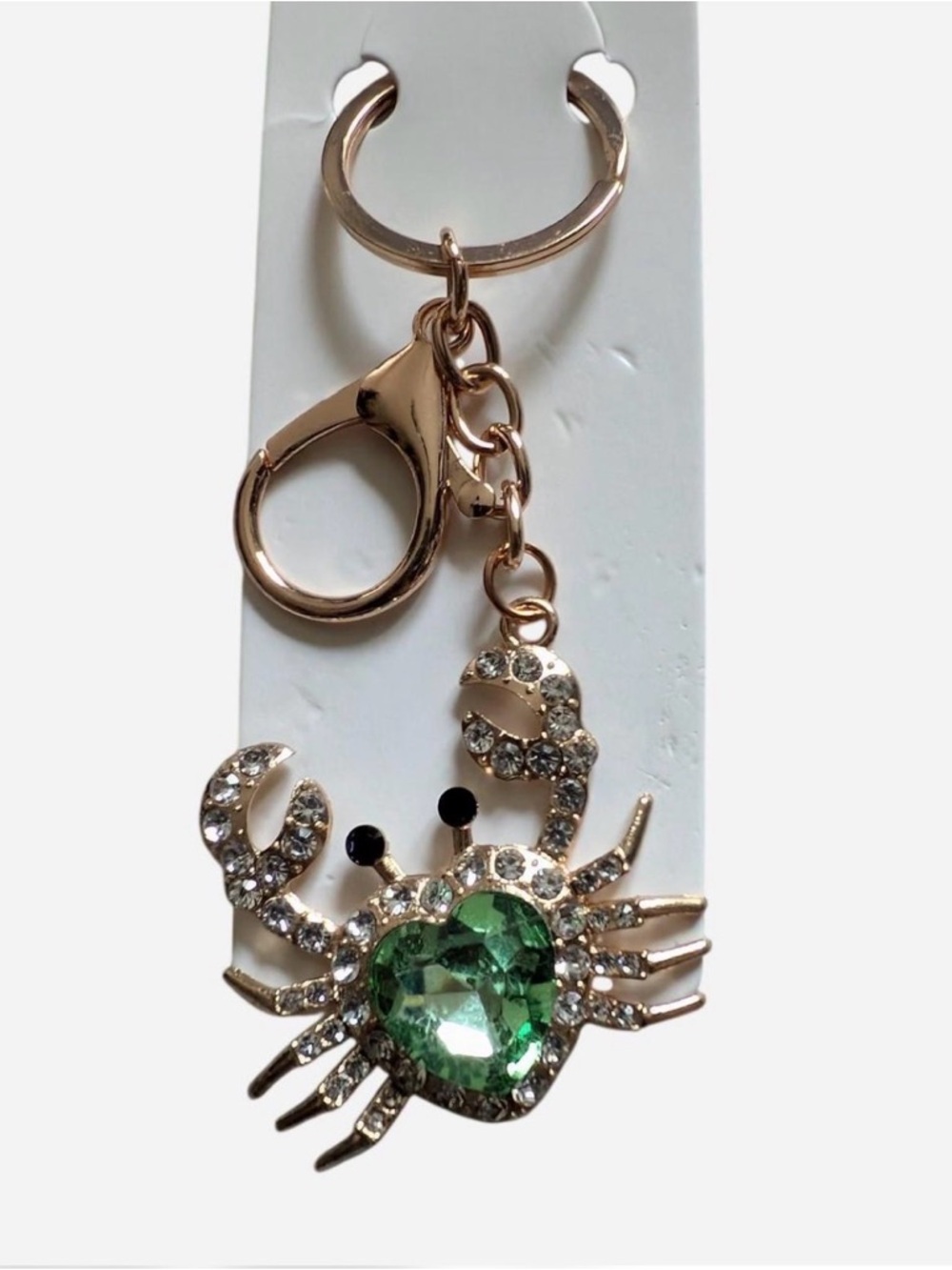 Crystal Green Heart Crab Keychain - Rose Gold Tone